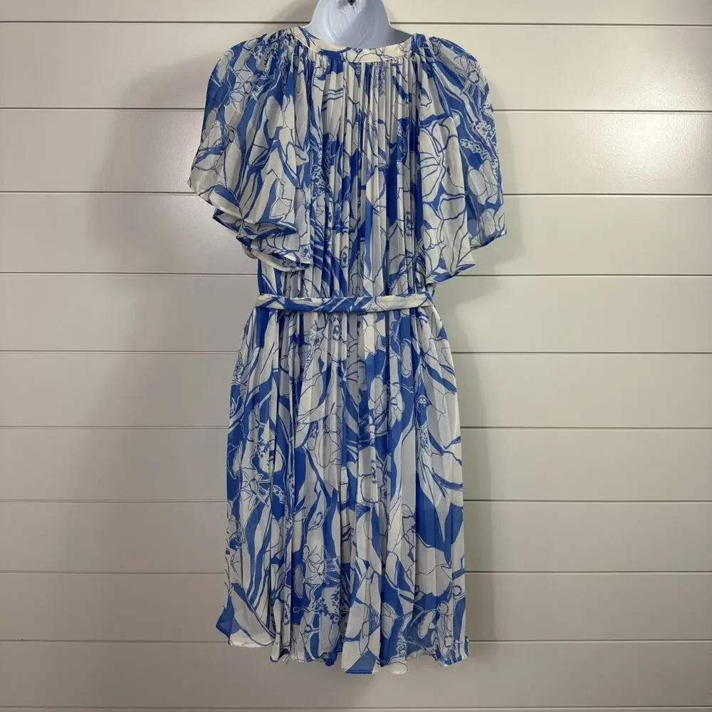Anthropologie Pleated Button Front Dress Belted Blue White Floral Print sz M